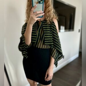 Silk striped slit shoulder blouse black yellow